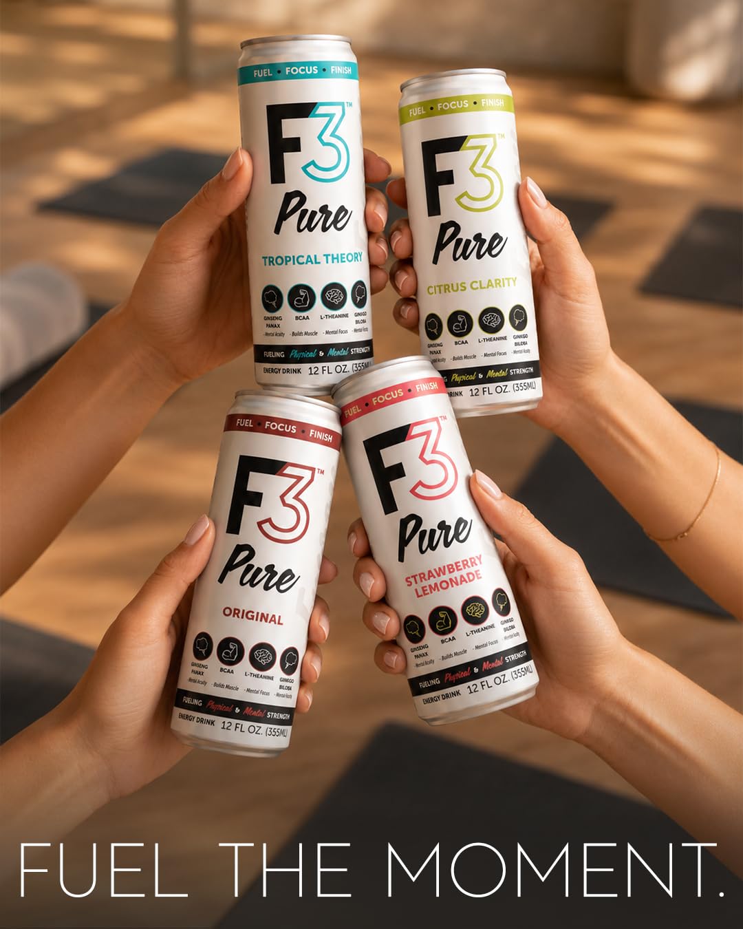 F3 energy can on workout table demonstrating post-exercise recovery support