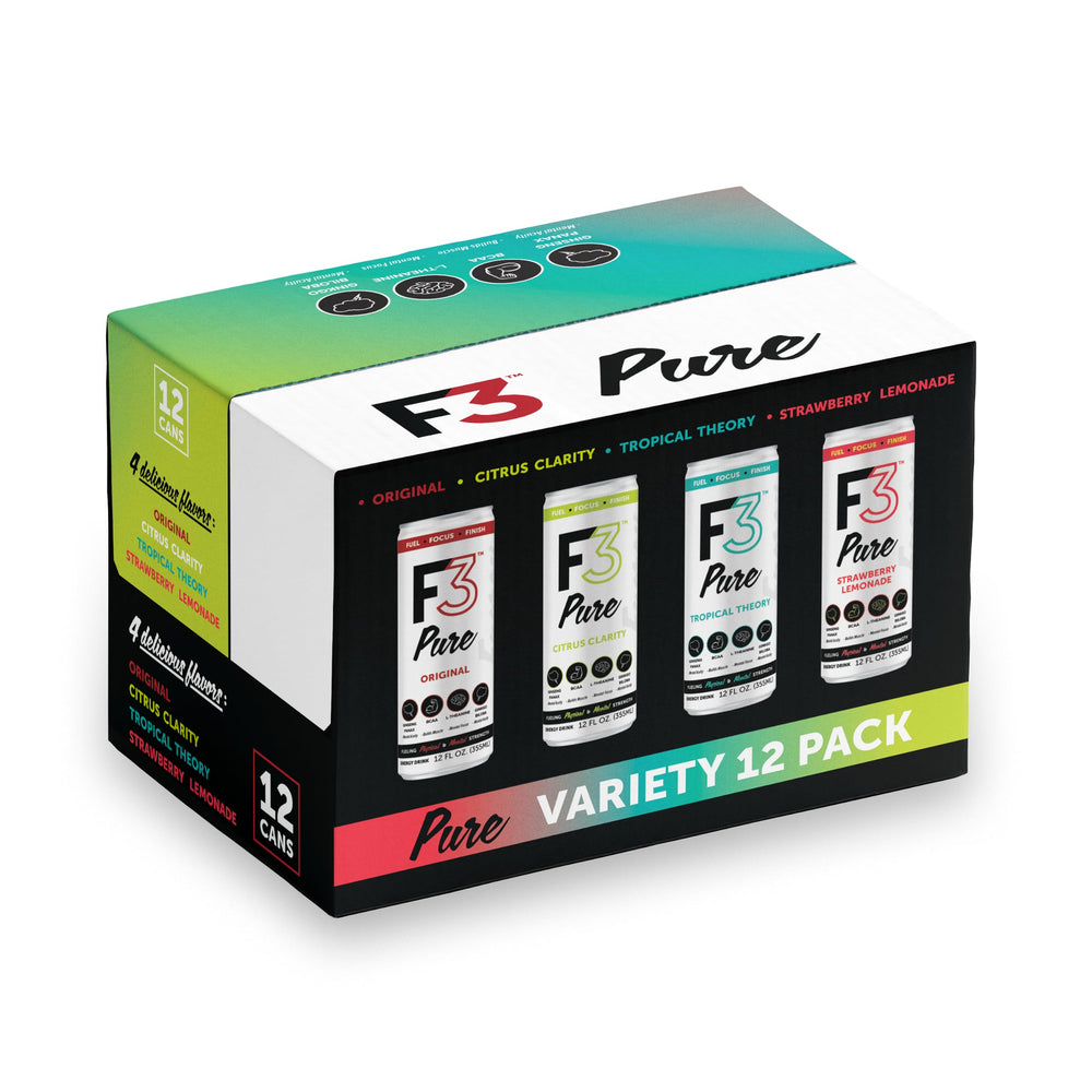 F3 energy variety pack front packaging showing four flavors and benefits