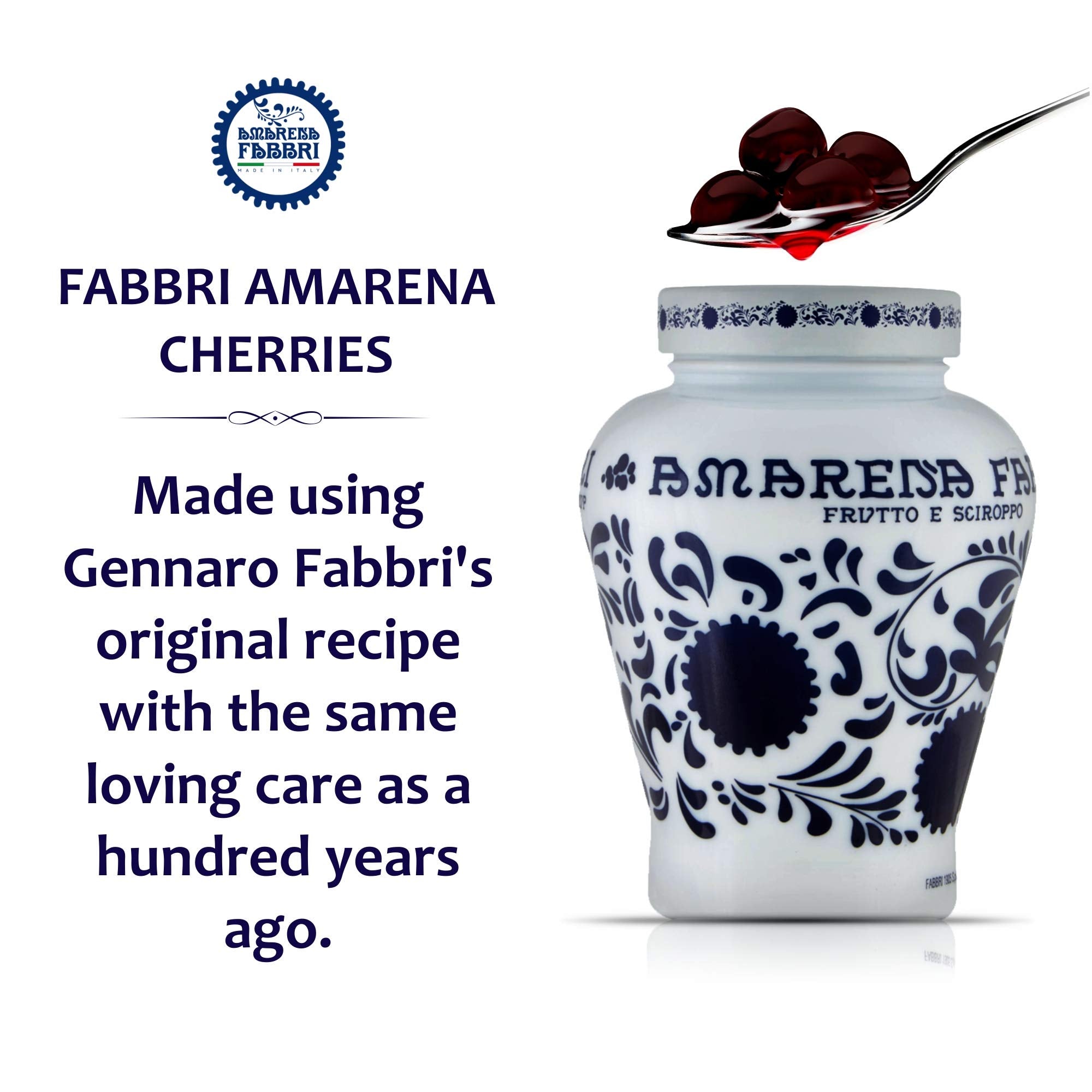 Fabbri jar open with whole Amarena cherries offering rich topping