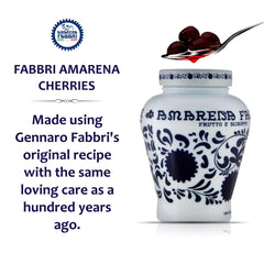 Fabbri jar open with whole Amarena cherries offering rich topping