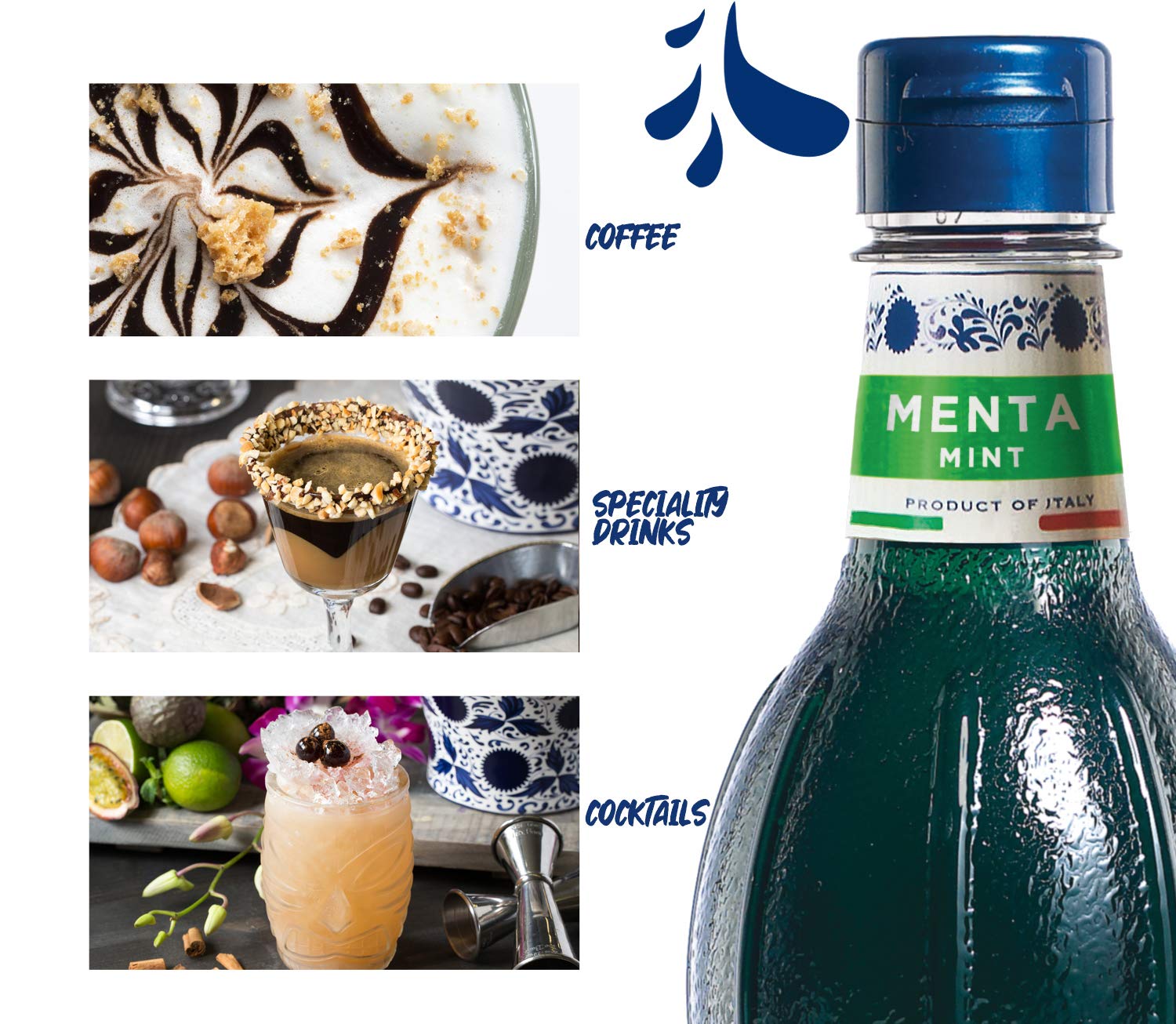 Fabbri mint syrup bottle beside a glass and recipe card for scale, highlights generous 1L supply