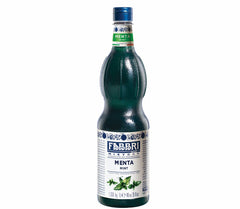 Fabbri mint syrup front bottle showing label and 1L size, highlights authentic Italian flavor