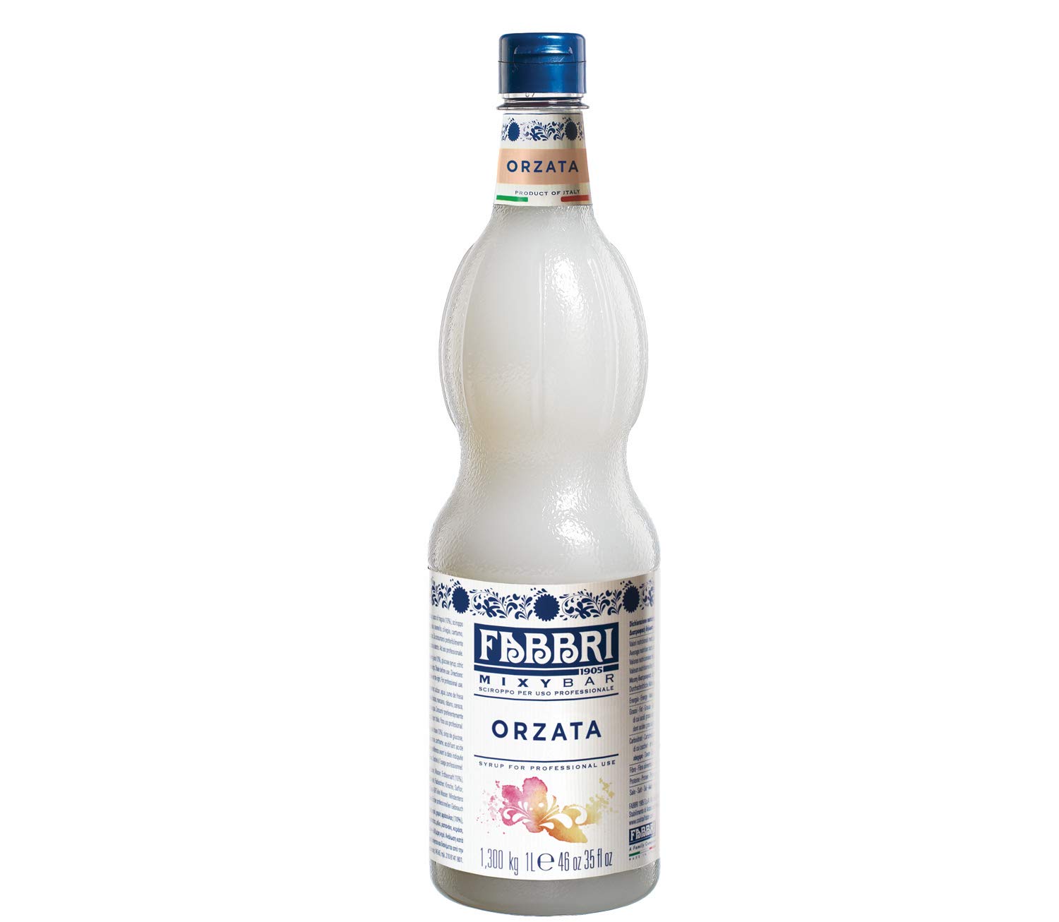 Fabbri orgeat bottle front view showing full 1L packaging and brand benefit
