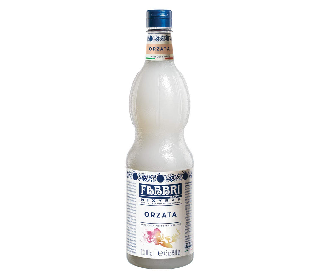 Fabbri orgeat bottle front view showing full 1L packaging and brand benefit