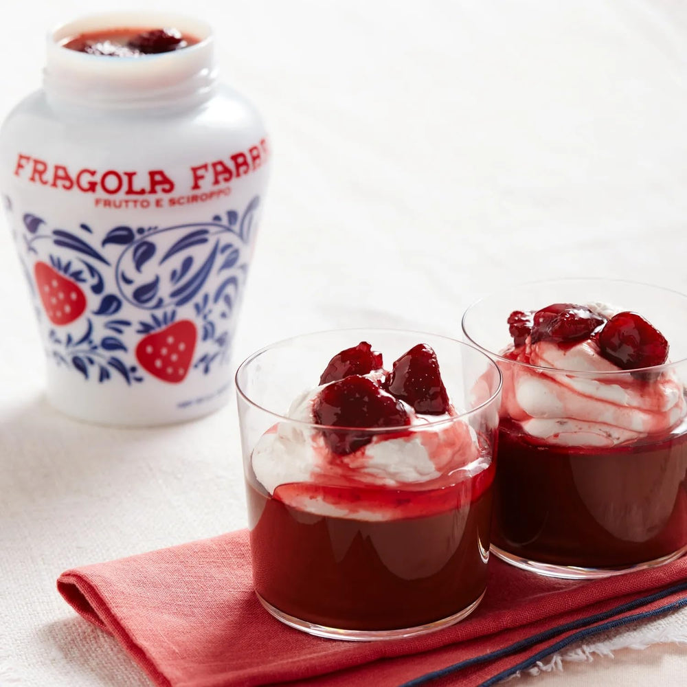 Fabbri strawberries in syrup close-up showing glossy fruit texture