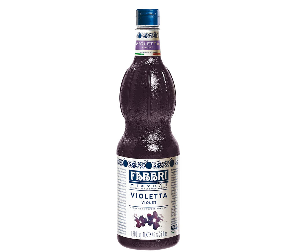 Fabbri bottle front packaging showing label and violet syrup — clear brand presentation benefit