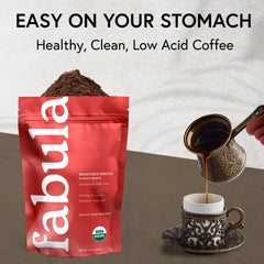 Fabula bag label close-up showing single-origin and organic certifications