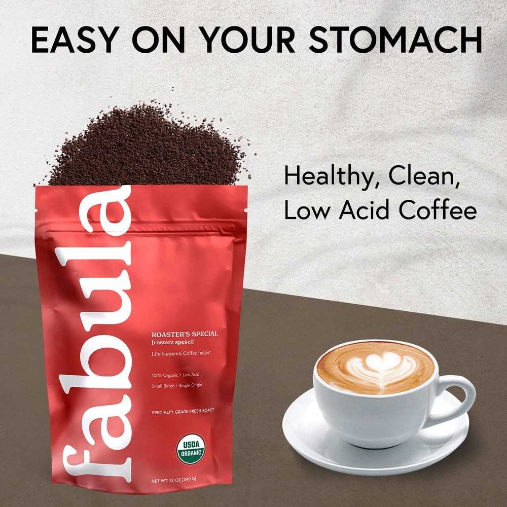Fabula opened bag with fresh grounds emitting visible aroma benefit