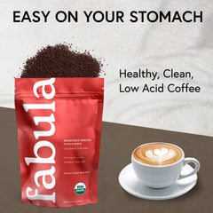 Fabula opened bag with fresh grounds emitting visible aroma benefit