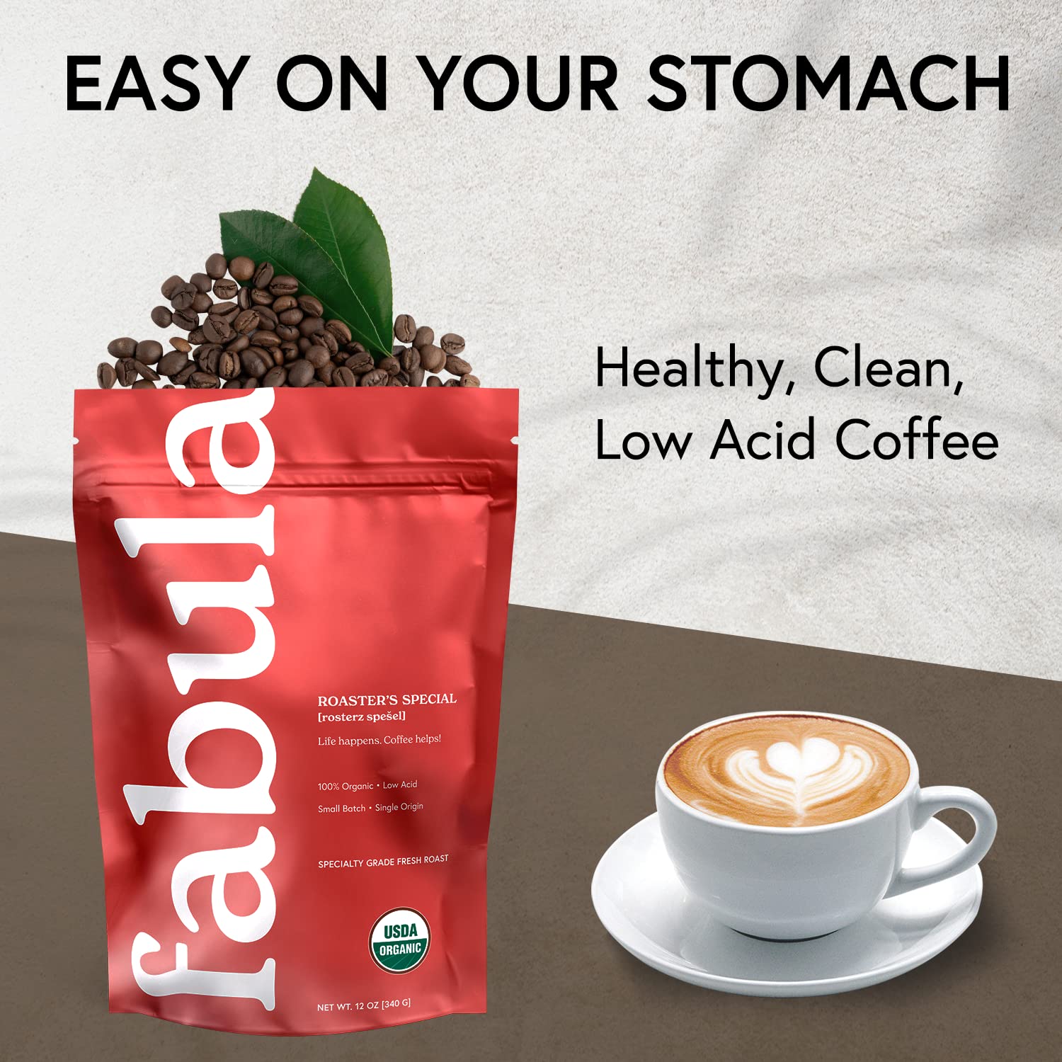 Fabula brewed cup steaming in mug, showcasing smooth low-acid benefit