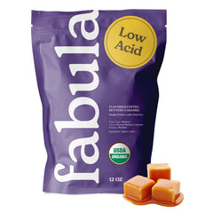 Fabula front packaging showing 12oz bag and buttery caramel label, highlights freshness