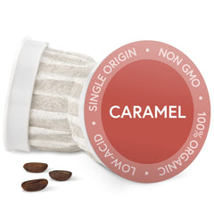 Fabula front packaging showing caramel pods and compostable benefit