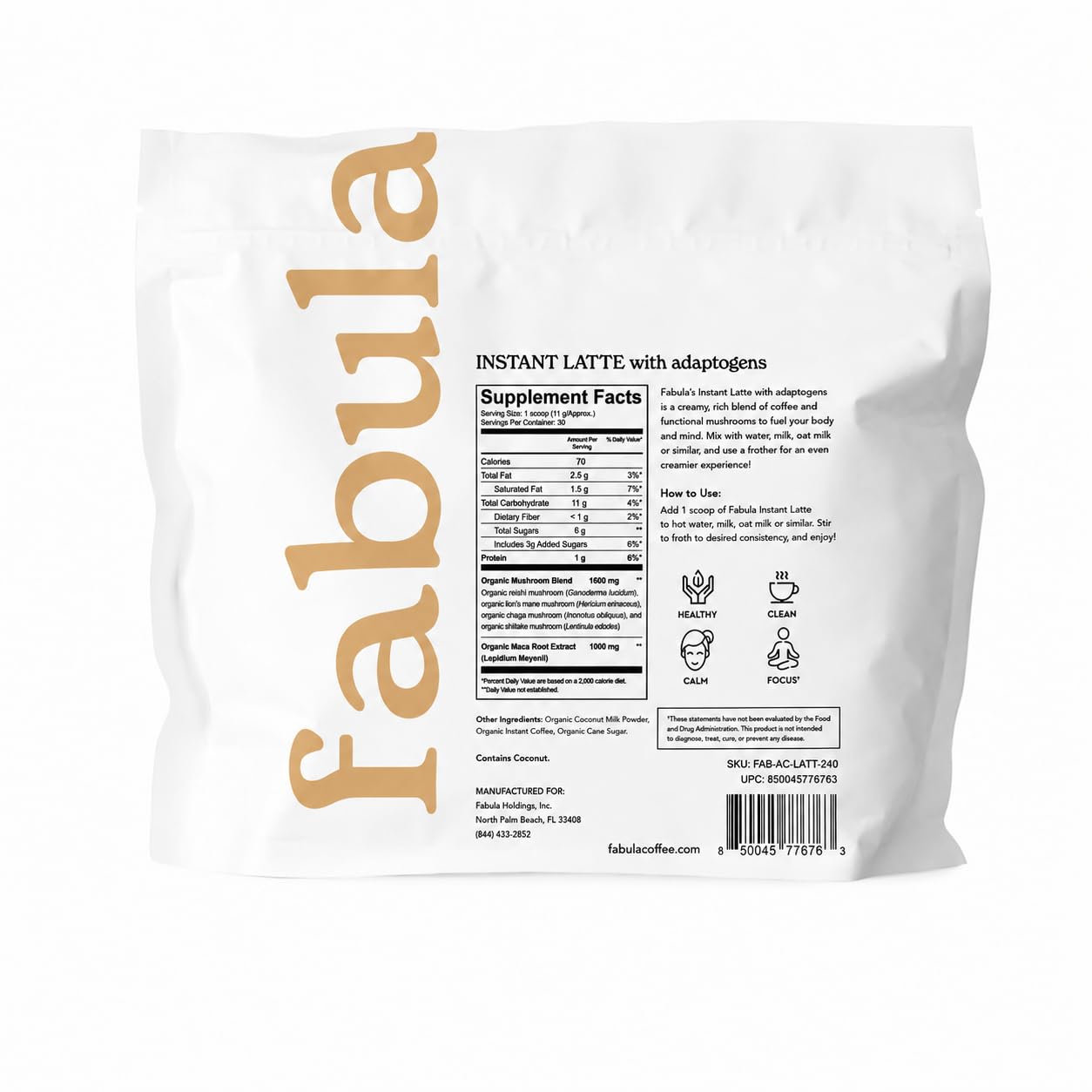 Fabula powder close-up on spoon highlighting smooth mixability benefit