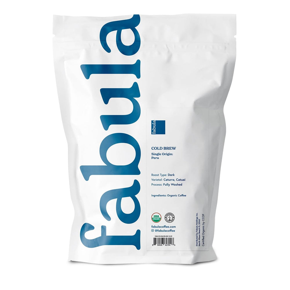 Fabula back label details with roast profile and cold-brew instructions for convenience