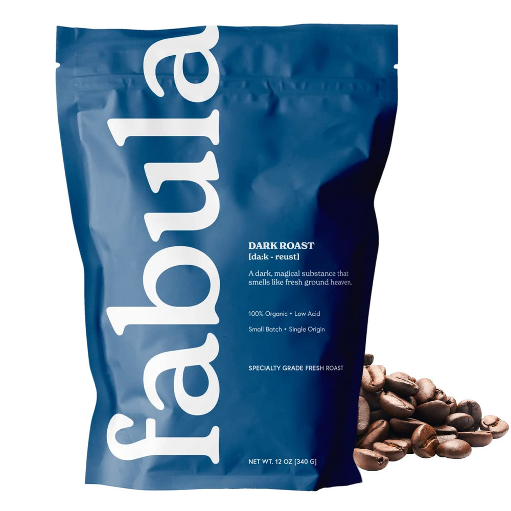 Fabula front packaging showing dark roast whole-bean bag and freshness benefit