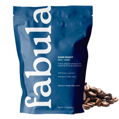 Fabula front packaging showing dark roast whole-bean bag and freshness benefit