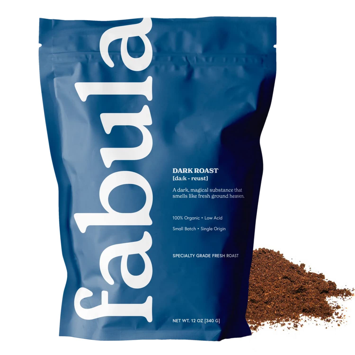 Fabula front packaging showing bold dark roast label and benefits