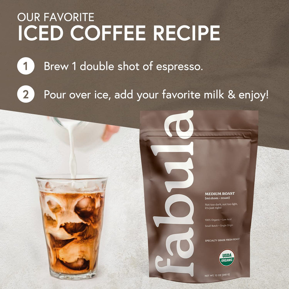 Fabula freshly ground beans with steaming cup illustrating rich flavor