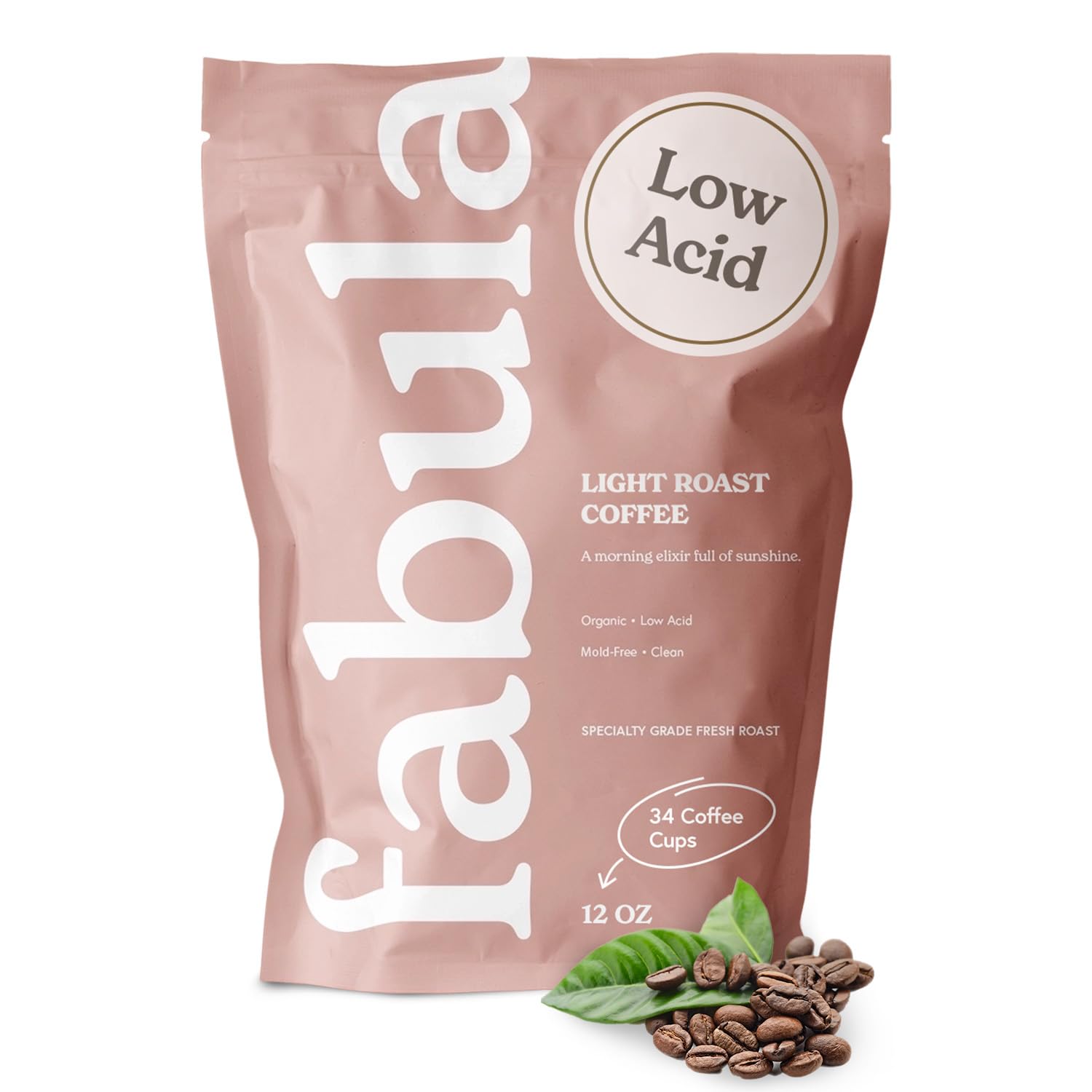 Fabula front packaging 12 oz bag showing organic and low-acid benefits
