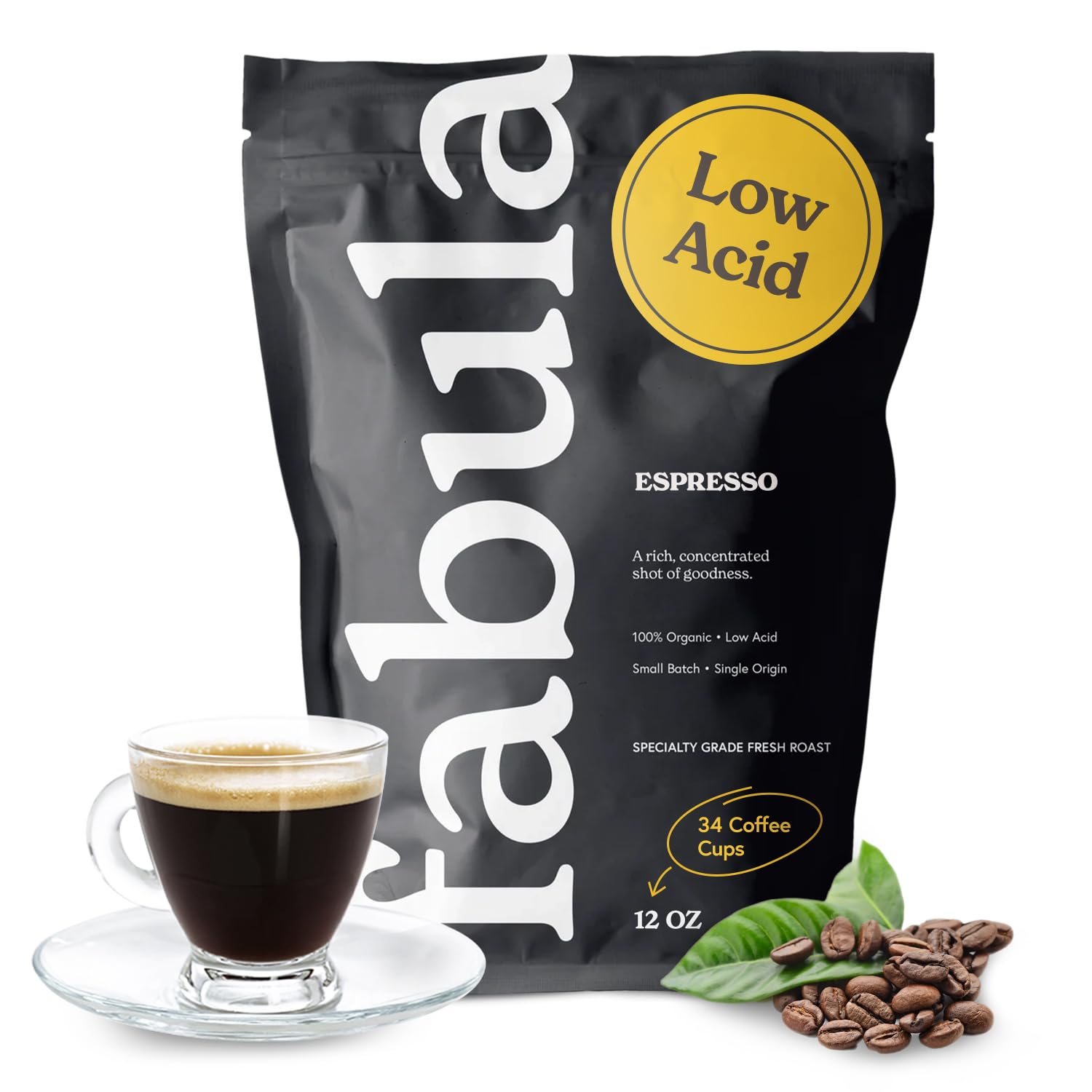 Fabula front packaging 12 oz bag showing brand and roast, highlighting freshness