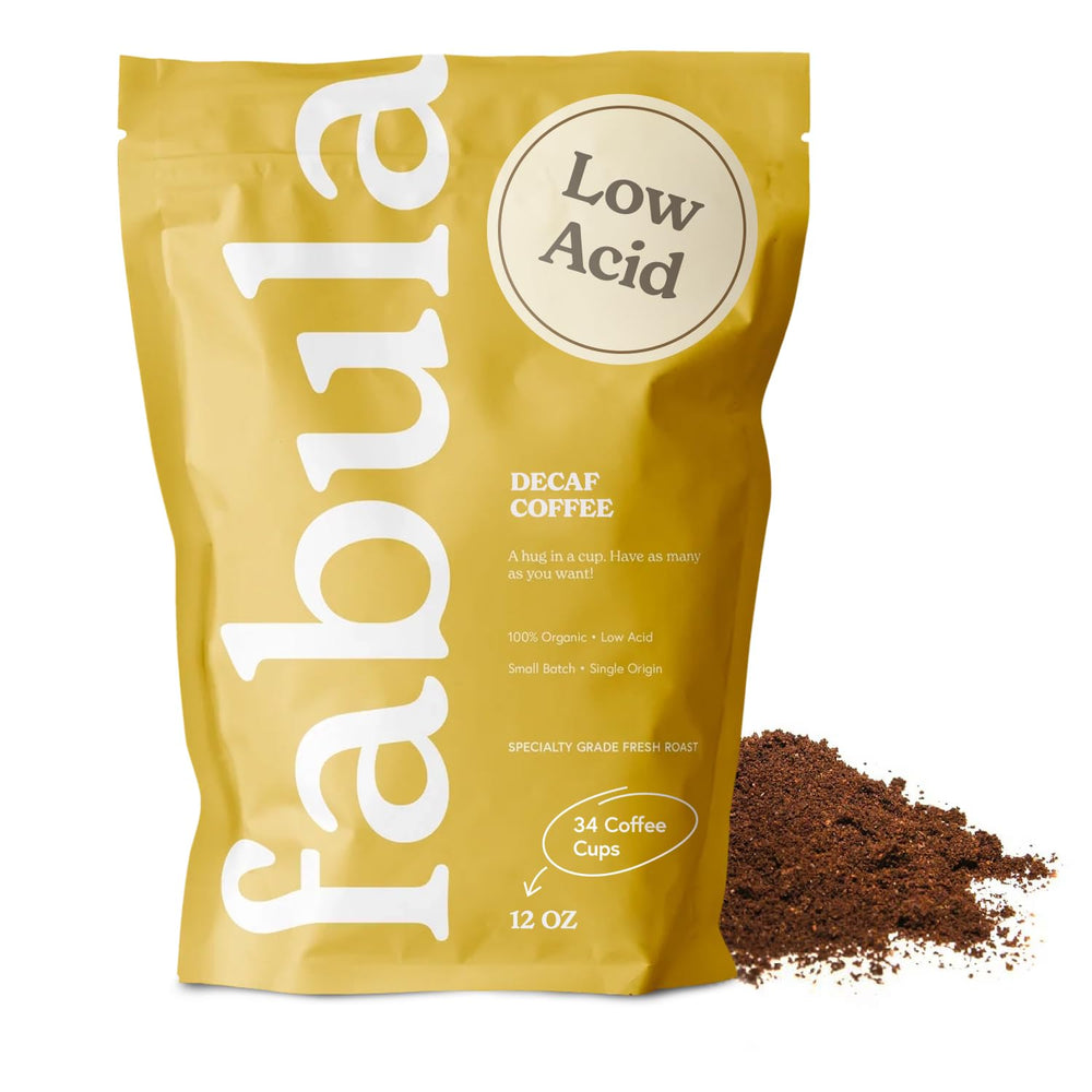 Fabula front packaging showing organic decaf and bold roast benefits