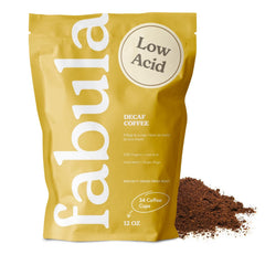 Fabula front packaging showing organic decaf and bold roast benefits