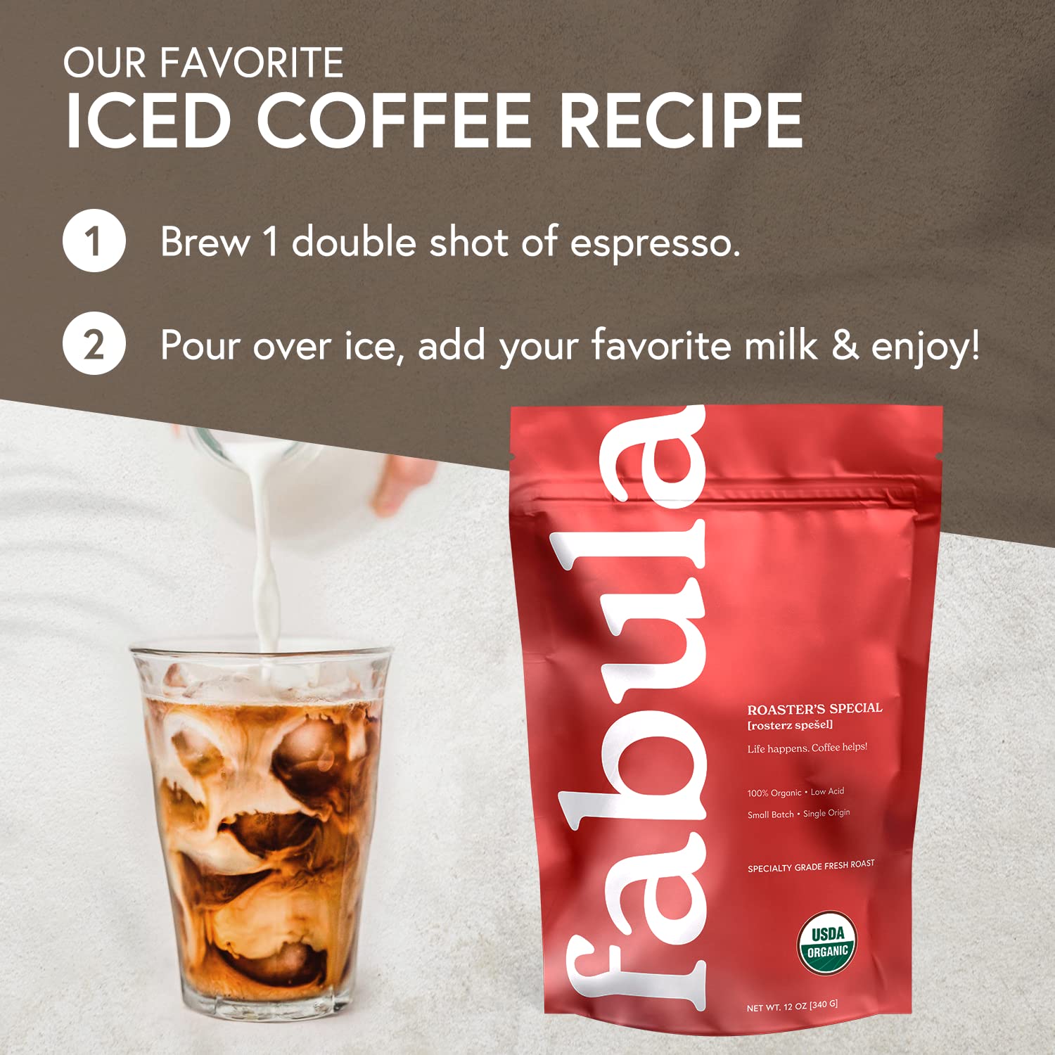 Fabula hand holding 12oz bag to show size and convenient portion