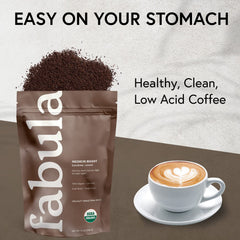 Fabula coffee in a pour-over setup demonstrating brewing clarity and low-acid appeal