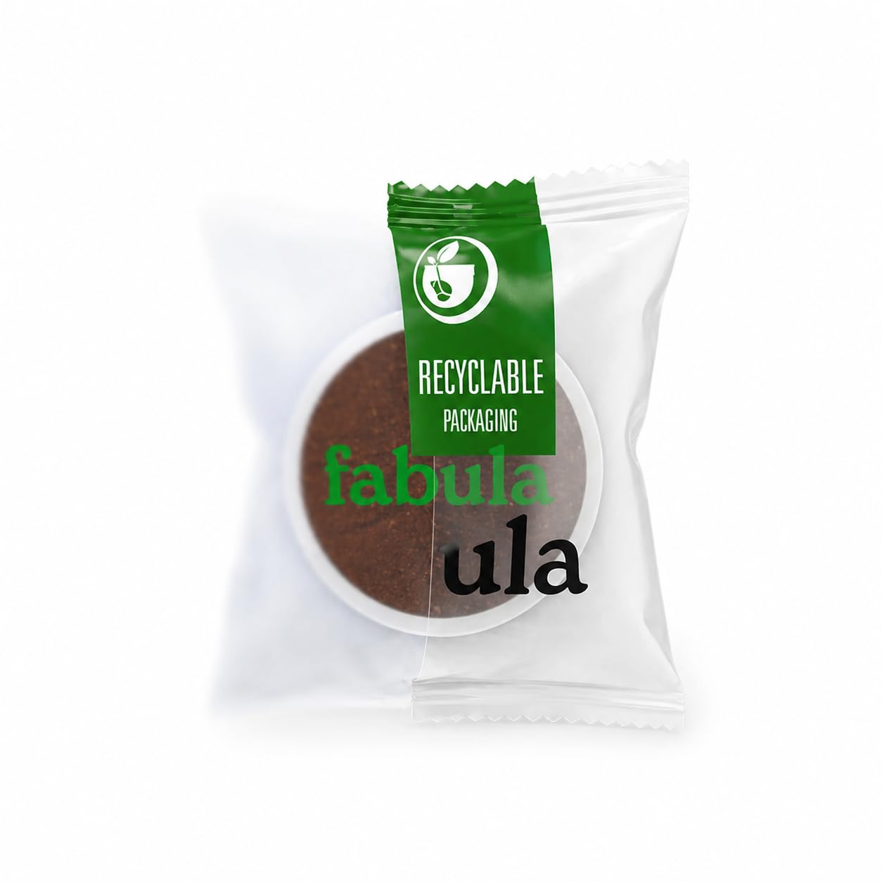 Fabula pod next to a scale illustrating 12g coffee per pod for a fuller cup benefit