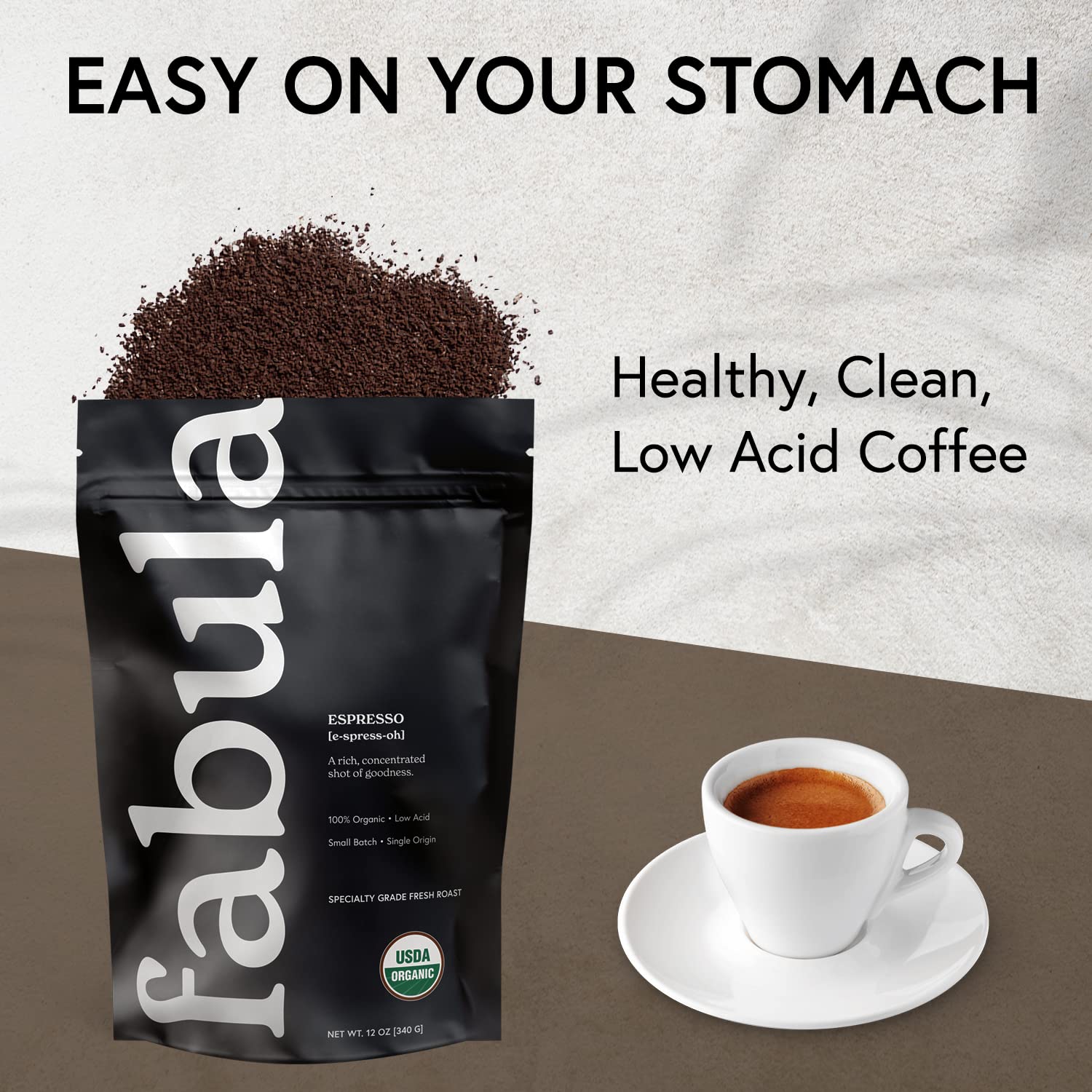 Fabula 12 oz bag next to kitchen scale showing real-world size