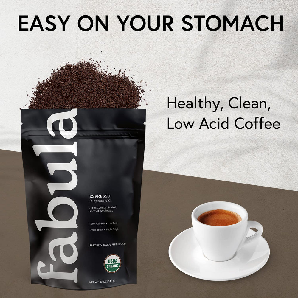 Fabula 12 oz bag next to kitchen scale showing real-world size