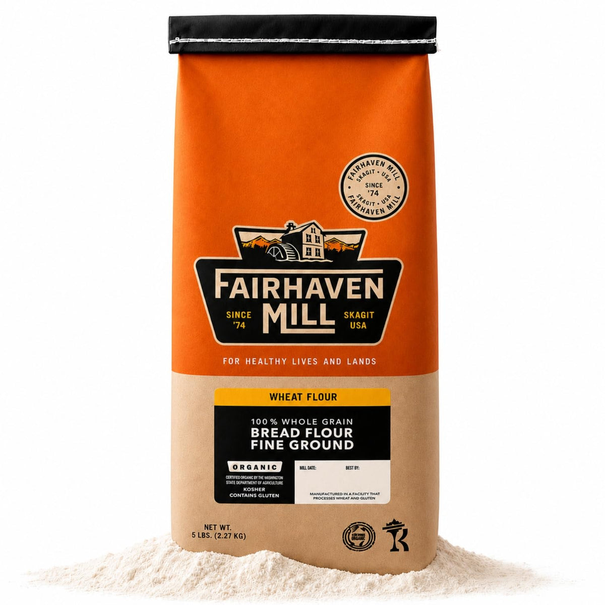 Fairhaven Mill front package showing brand and 5 lb bag for clear identification and convenience
