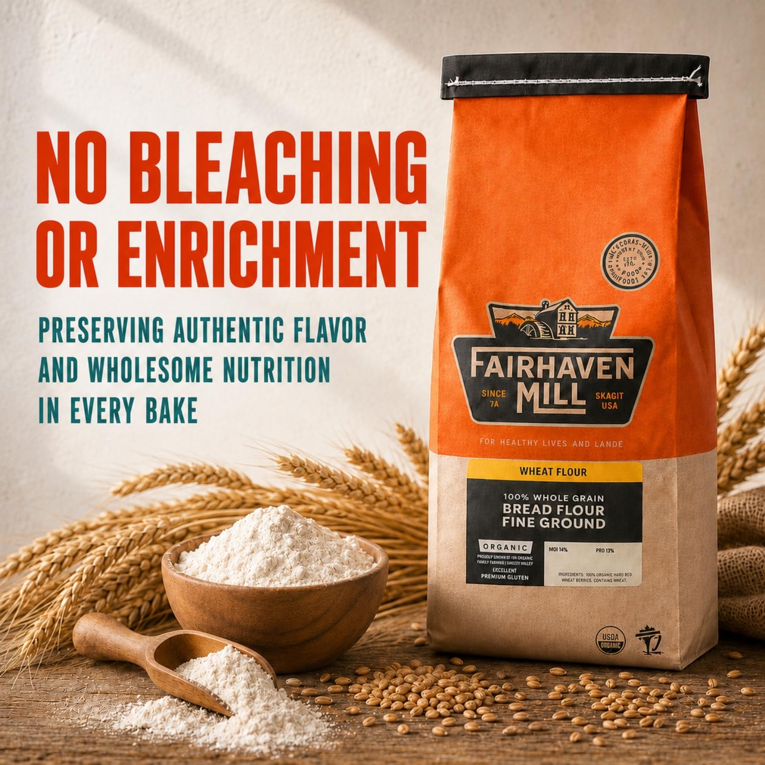 Fairhaven Mill label and nutrition panel highlighting organic non-GMO sourcing and protein