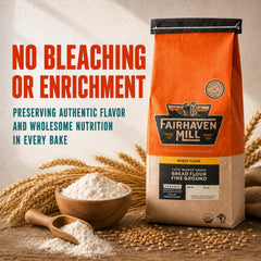 Fairhaven Mill label and nutrition panel highlighting organic non-GMO sourcing and protein