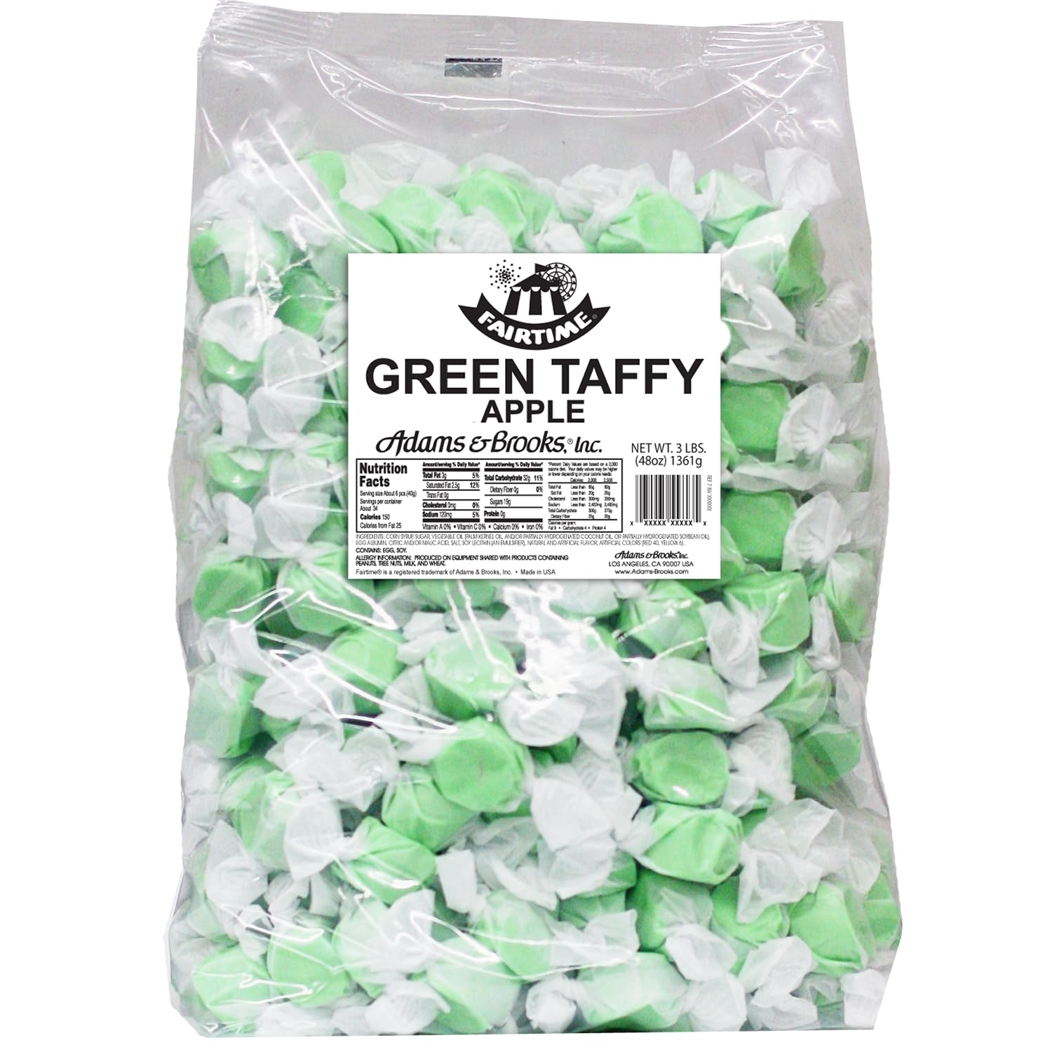 Fairtime green apple taffy front of bag showing brand and bulk size benefit