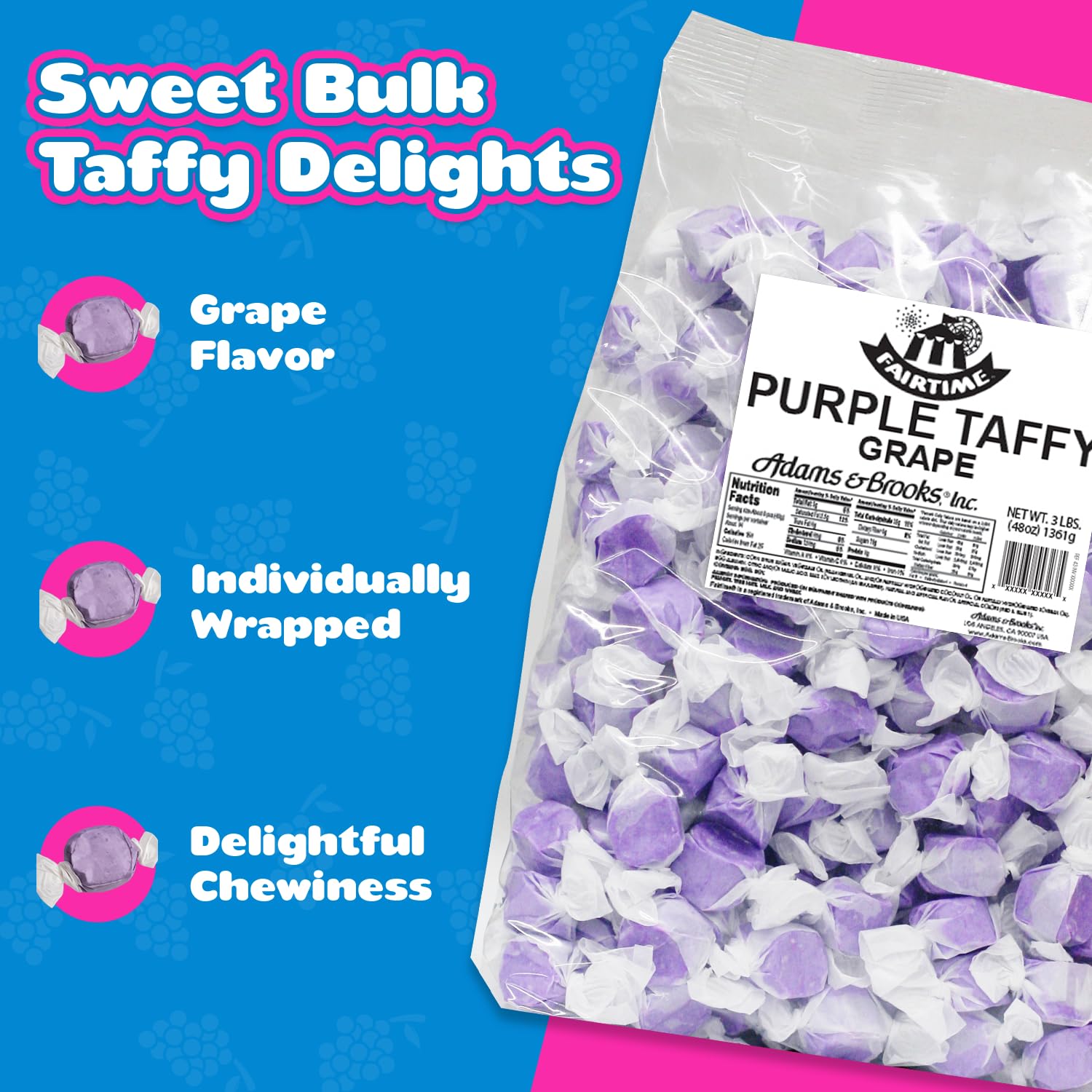 Fairtime close texture detail of grape taffy showing soft chew