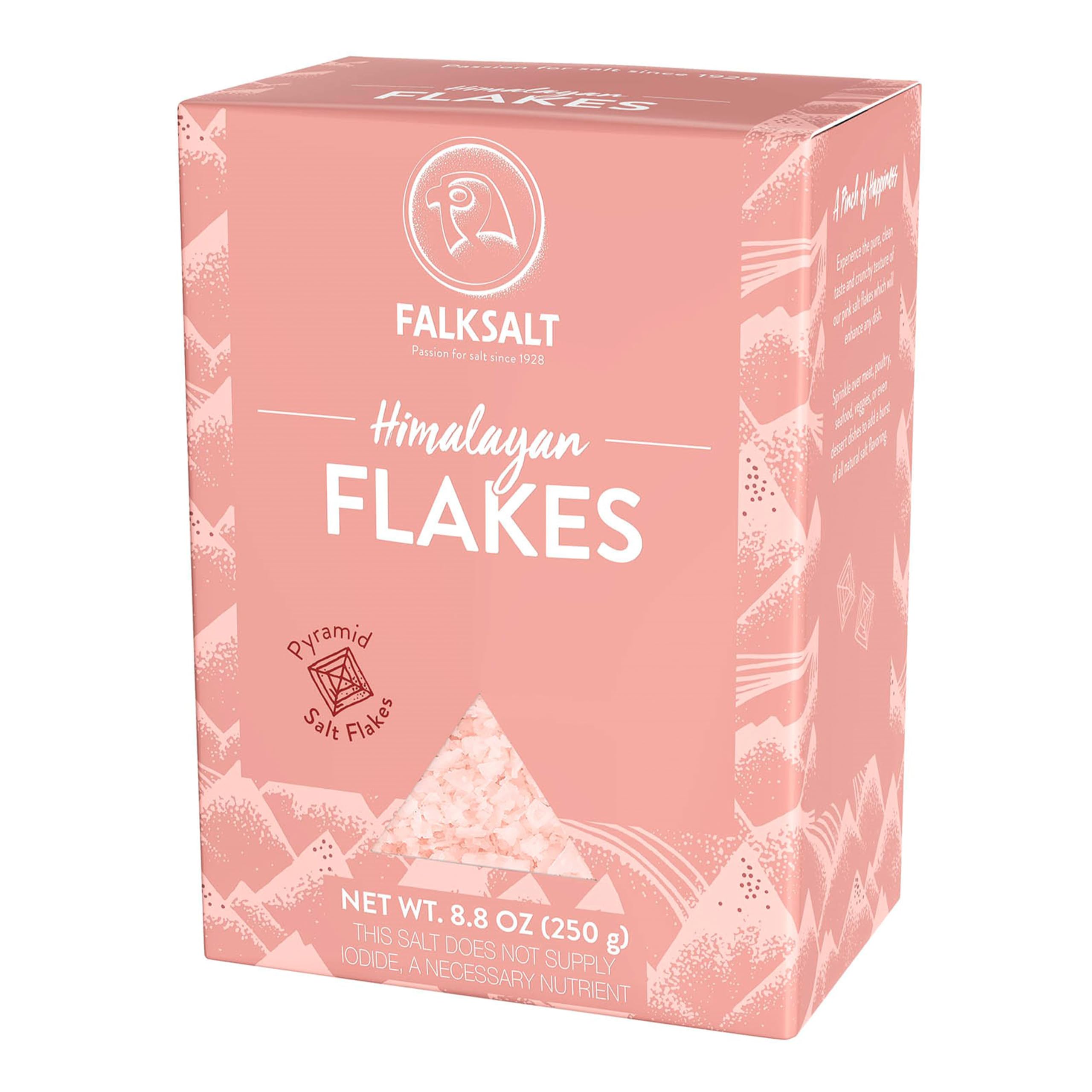 Falksalt front packaging showing 8.8 oz pink Himalayan finish flakes enhances presentation