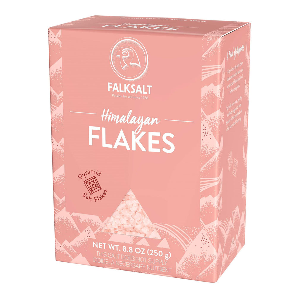 Falksalt front packaging showing 8.8 oz pink Himalayan finish flakes enhances presentation
