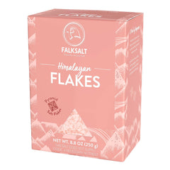 Falksalt front packaging showing 8.8 oz pink Himalayan finish flakes enhances presentation