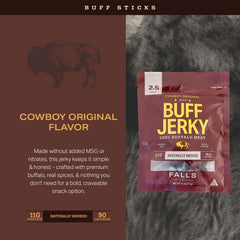 Falls Family Ranches close-up jerky texture emphasizing lean meat and seasoning