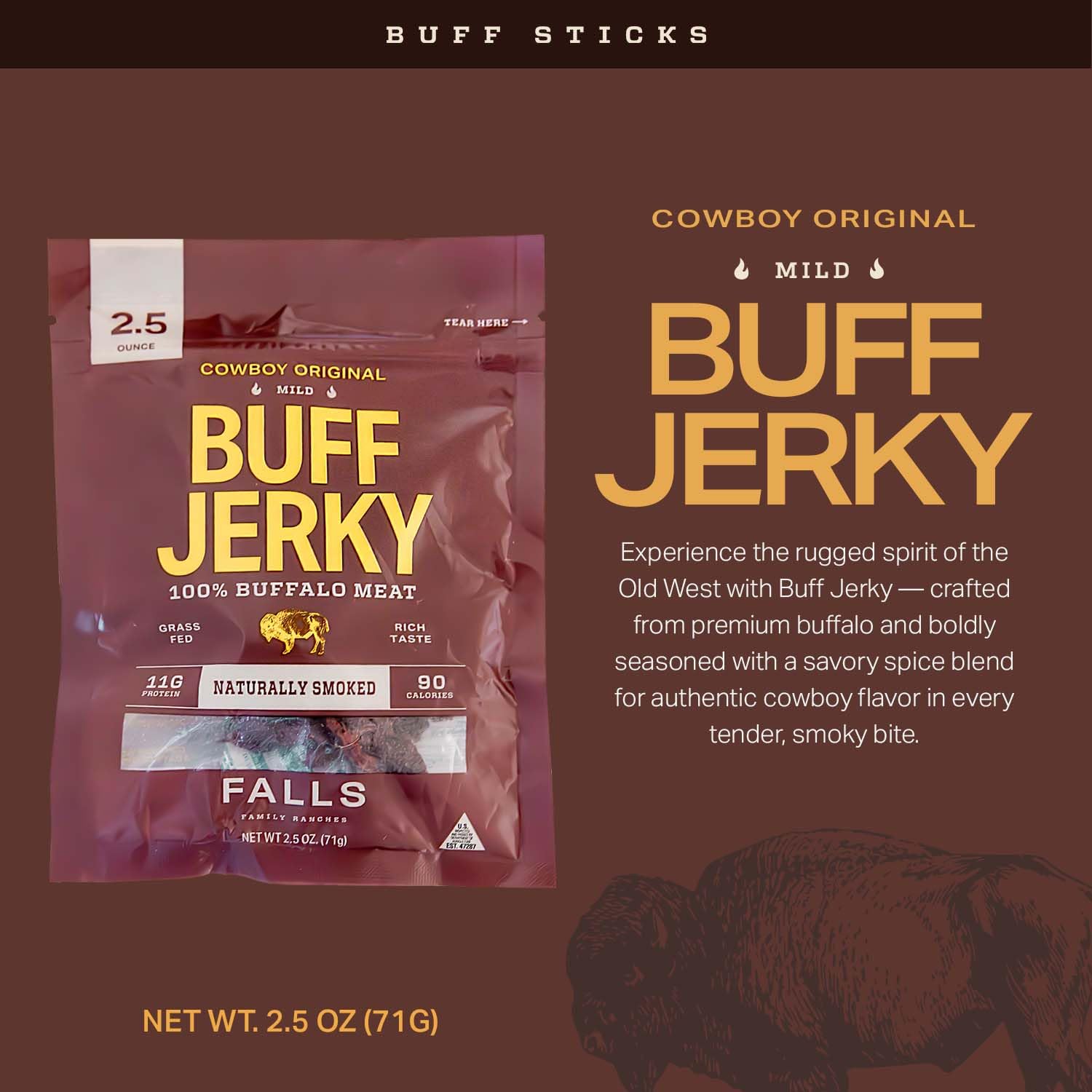 Falls Family Ranches jerky in hand for scale, demonstrates portable portion