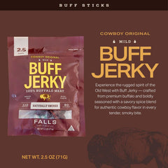 Falls Family Ranches jerky in hand for scale, demonstrates portable portion