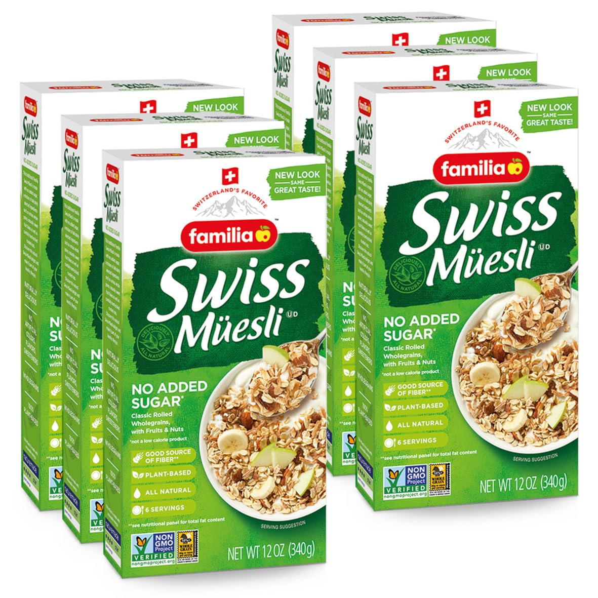 Familia box front showing no added sugar and wholegrain benefits