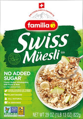 Familia close-up of muesli flakes highlighting wholegrain texture and fiber