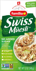 Familia close-up of muesli flakes and nuts highlighting wholesome texture