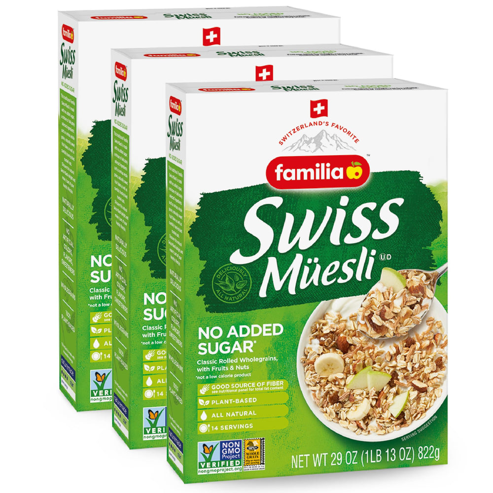 Familia front box view showing branding and no-added-sugar claim for clear shelf recognition