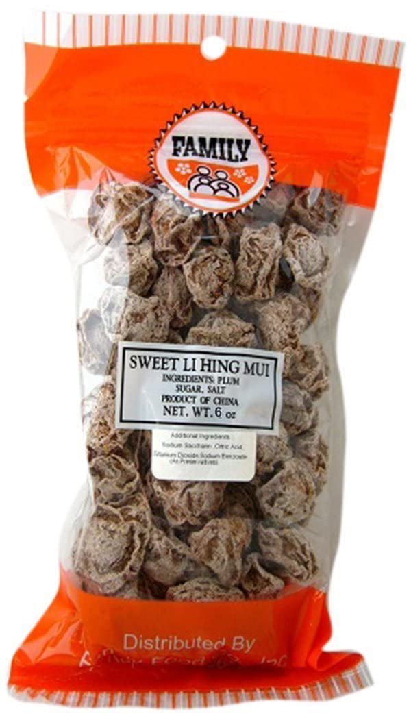 Family brand front packaging showing 6 ounce sweet li hing mui pouch and label benefit