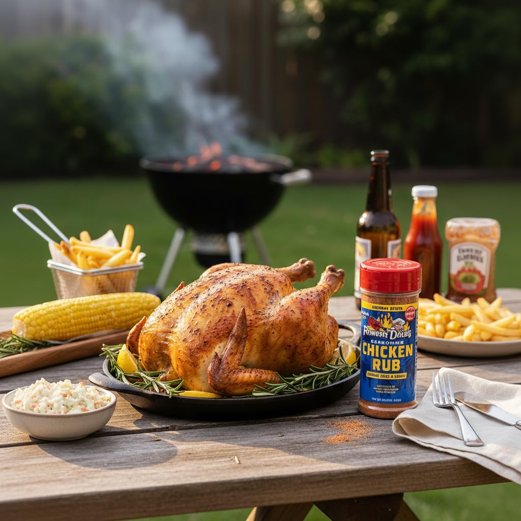 Famous Dave's seasoning in use on a backyard grill creating smoky, craveable poultry results