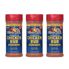 Famous Dave's front packaging showing three bottles and clear branding benefit: pantry-ready seasoning