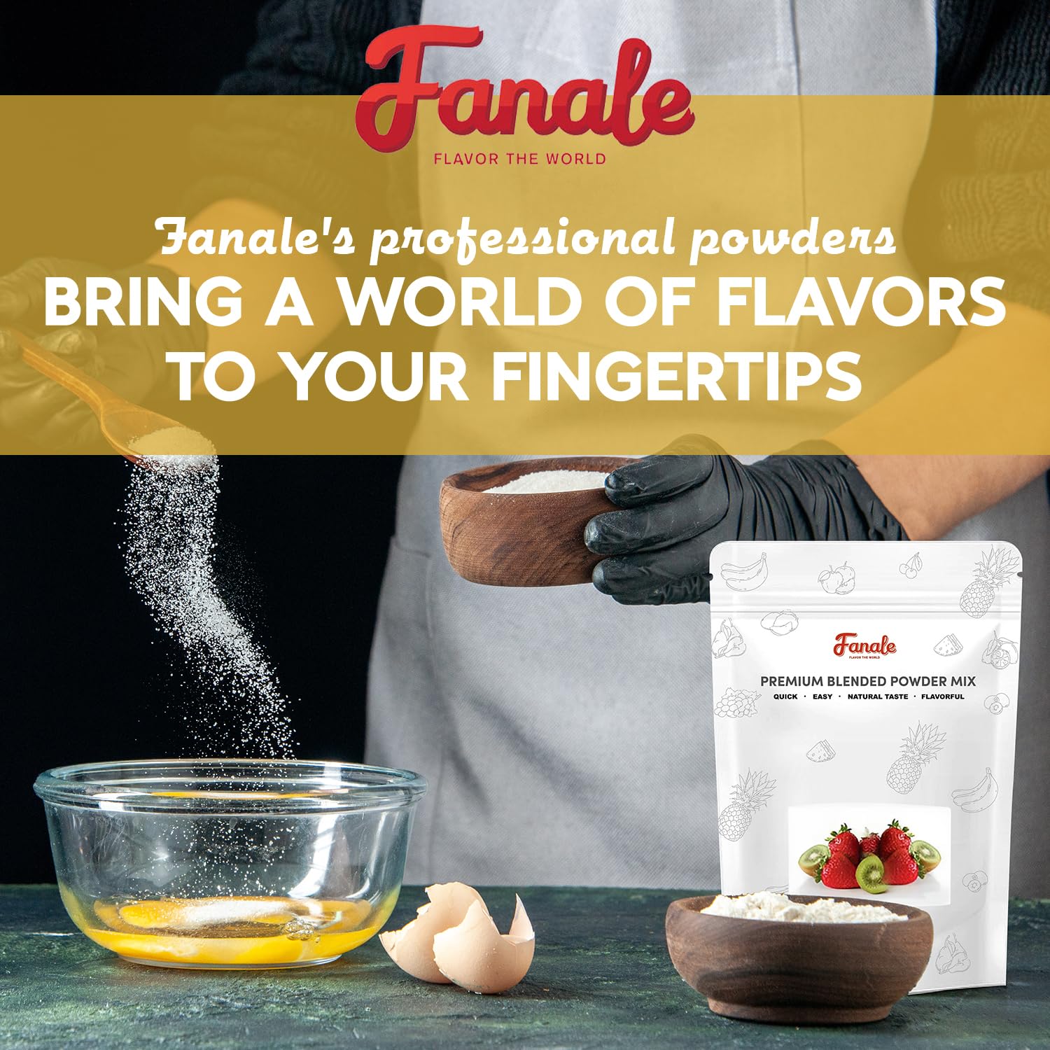 Fanale powder beside baking ingredients, speeding cookie and cake recipes